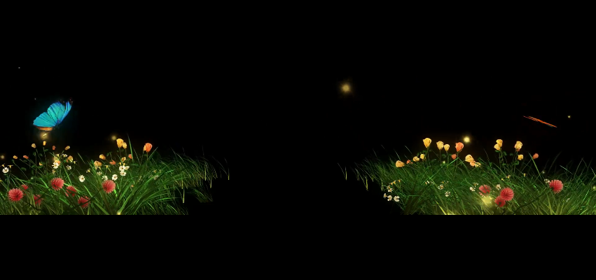 蝴蝶萤火虫在草丛中飞舞裸眼3D全息投影素材