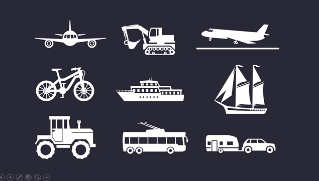 汽车 飞机 轮船等100多种可调填充色的交通运输工具纯色ppt图标素材